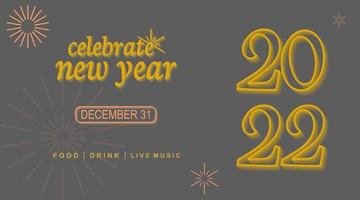 Modelo de design de banner de celebração de ano novo de 2022, conceito simples letras douradas brilhantes vetor