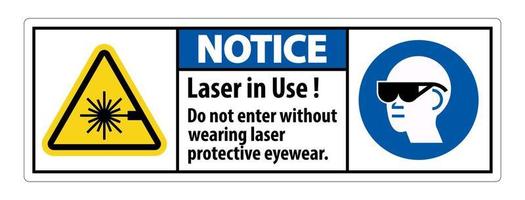 aviso aviso etiqueta de segurança ppe, laser em uso não entre sem usar óculos de proteção a laser vetor