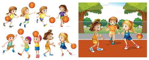 Meninas e meninos jogando basquete vetor