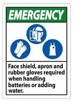 Proteção facial de sinal de emergência, avental e luvas de borracha necessários ao manusear baterias ou adicionar água com símbolos de ppe vetor