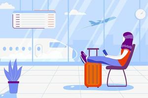 jovem está sentada perto da janela no aeroporto e assistindo o avião antes da partida. turista de viagens em pé com a bagagem, observando o pôr do sol na janela do aeroporto, conceito de ilustração vetorial de estilo de vida vetor