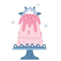 grande bolo rosa com uma flor azul em um carrinho de renda. queque de casamento. aniversário da menina. vetor