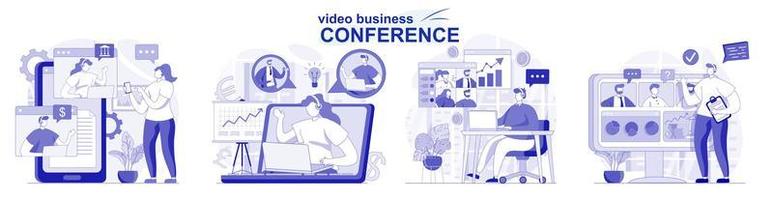 videoconferência de negócios isolada definida em design plano. pessoas discutem tarefas com colegas online, coleção de cenas. ilustração vetorial para blog, site, aplicativo móvel, materiais promocionais. vetor