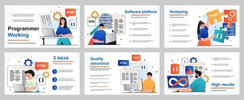 programador trabalhando conceito para modelo de slide de apresentação. os desenvolvedores programam em diferentes linguagens de programação, criam software, codificação e otimização. ilustração vetorial para design de layout vetor