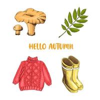 um conjunto de ilustração vetorial vintage de ícones de outono. ilustração desenhada à mão com botas de borracha, camisola, folhas, cogumelos. vetor