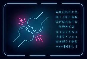 ícone de luz de néon de dor nas articulações. ferimento no joelho. trauma no punho. músculo tenso. artrite, osteoartrite. espasmo ligamentar. sinal brilhante com alfabeto, números e símbolos. ilustração isolada do vetor