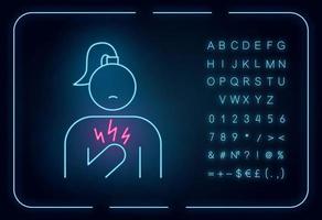 ícone de luz de néon de dor no peito. garota estressada. mulher ansiosa. ataque cardíaco. cuidados de saúde. sintoma de síndrome pré-menstrual. sinal brilhante com alfabeto, números e símbolos. ilustração isolada do vetor