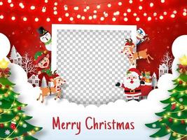 Feliz Natal e Feliz Ano Novo, postal de Natal com moldura para fotos com o Papai Noel e amigos, estilo paper art