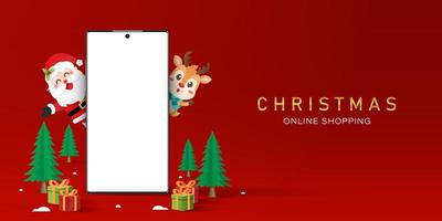 Natal compras online no conceito de smartphone, tela em branco smartphone com Papai Noel e renas, Feliz Natal vetor