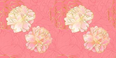 peônia padrão floral sem costura com linha colden em uma cor rosa suave. decoração botânica para têxteis e papel de parede vetor