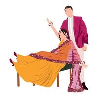 vetor fofa indiano casal desenho animado dentro tradicional vestir posando para Casamento convite cartão Projeto