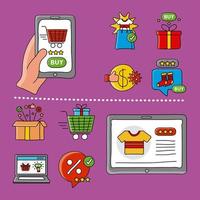tecnologia de compras online com ícones de conjunto de smartphones e tablets vetor