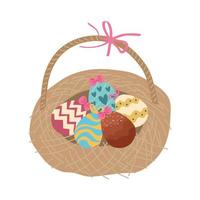 cartão de feliz Páscoa com ovos pintados em uma cesta de palha vetor