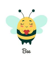 fofa inseto abelha com coração para namorados dia, desenho animado personagem vetor ilustração