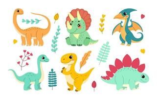 conjunto do plano ilustrações do fofa dinossauros, diplodoco e tiranossauro, pterodátilo e estegossauro, triceratops e brontossauro vetor