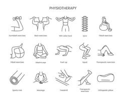 conjunto do ícones fisioterapia, haltere exercícios, costas exercícios, com borracha banda, coluna vertebral e fitball exercícios, adaptável ioga, empurrar acima e agachamento, terapêutico exercícios. linear vetor ilustração