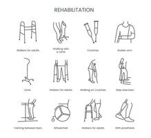 conjunto do ícones fisica reabilitação, caminhantes para adultos, caminhando com uma bengala, muletas, quebrado braço, degrau exercícios, Treinamento entre bares, cadeira de rodas, com prótese. linear vetor ilustração