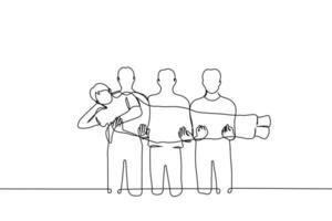 homens segurando outro homem dentro seus braços - 1 linha desenhando vetor. conceito carregado em mão, carismático líder, idolatria, ventilador clube vetor