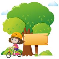 Modelo de placa de madeira com garota andando de bicicleta vetor