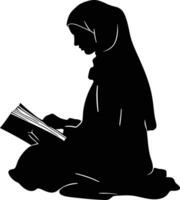 ai gerado silhueta do uma muçulmano mulher lendo a Alcorão dentro Preto cor só vetor