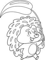 delineado feliz ouriço desenho animado personagem corrida detém uma plantar folha. vetor mão desenhado ilustração