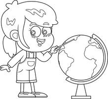 delineado feliz escola menina desenho animado personagem mostrando dentro a globo. vetor mão desenhado ilustração