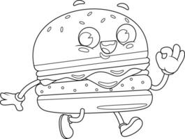 delineado feliz hamburguer retro desenho animado personagem. vetor mão desenhado ilustração