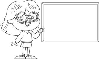 delineado sorridente escola menina desenho animado personagem escrevendo em quadro-negro. vetor mão desenhado ilustração
