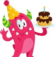 engraçado monstro desenho animado personagem vestindo uma festa chapéu e segurando uma aniversário bolo. vetor ilustração plano Projeto