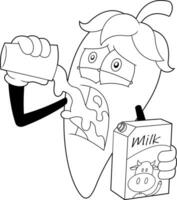 delineado quente Pimenta Pimenta desenho animado personagem beber leite. vetor mão desenhado ilustração