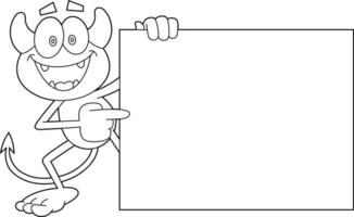 delineado feliz pequeno diabo desenho animado personagem apontando para em branco placa. vetor mão desenhado ilustração