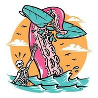ilustração do polvo ataca surfista no mar
