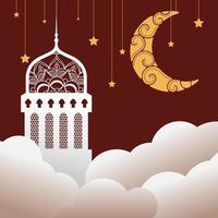 Mesquita de celebração do Ramadã Kareen e lua pairando nas nuvens vetor