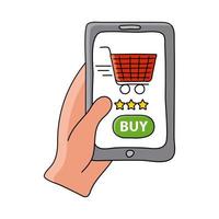 tecnologia de compras online com mão do comprador e carrinho no smartphone vetor
