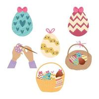 cartão de feliz Páscoa com as mãos pintadas de ovos e cesta vetor