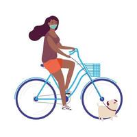 mulher afro usando máscara médica em bicicleta com cachorro em atividade ao ar livre vetor