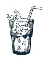 Bebida de chá gelado com folhas e palha ícone de estilo desenhado à mão vetor