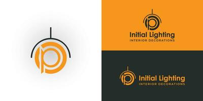 inspiração de design de logotipo para negócios de móveis domésticos, especialmente para lâmpadas e produtos de iluminação inspirados na letra isolada inicial abstrata o e p na cor laranja e isoladas com cabide de lâmpada preto vetor