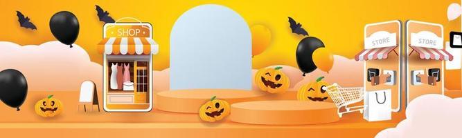 compras online halloween fundo laranja no telefone férias vector illustation palco pódio marketing de produto