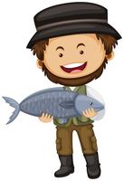 Pescador, segurando, peixe cru vetor