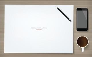 folha de papel branco vazia para área criativa com uma xícara de café, caderno e lápis sobre fundo de madeira. vetor abstrato de espaço de trabalho.