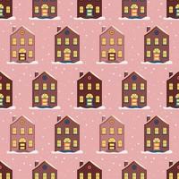 padrão sem emenda com casas festivas de Natal e neve em fundo rosa. impressão brilhante para ano novo e férias de inverno para papel de embrulho, têxteis e design vetor