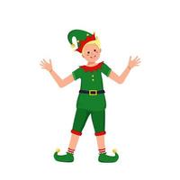 menino bonito com rosto feliz e olhos com fantasia de elfo festivo para o natal, ano novo ou feriado vetor