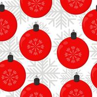padrão sem emenda de bolas de natal, decorações de natal vermelhas brilhantes e flocos de neve em branco vetor