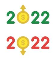conceito de vetor de ano novo 2022, moeda de dólar em vez de zero com seta para cima e para baixo