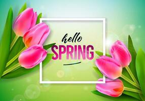 vetor ilustração em uma Primavera natureza tema com lindo tulipa flor em verde fundo. floral Projeto modelo com tipografia carta para bandeira, folheto, convite, poster ou cumprimento cartão.