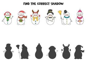 encontre as sombras corretas dos bonecos de neve de natal. quebra-cabeça lógico para crianças. vetor