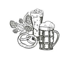 mão desenhado vetor esboço do Cerveja festival tema, cheio Cerveja vidro com espuma, pulo plantar com folhas e botões, alemão padaria pretzel, Preto e branco ilustração do oktoberfest, branco fundo