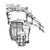 mão desenhado vetor composição com de madeira barril, cerveja, Cerveja copos, velho bandeira fita e galhos do pulo plantar, Preto e branco ilustração do Cerveja tema, coberto ilustração para Cerveja festival