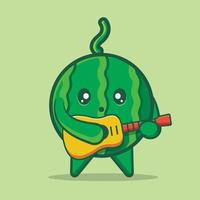 Mascote de melancia fofa tocando guitarra ilustração em vetor desenho animado em estilo simples